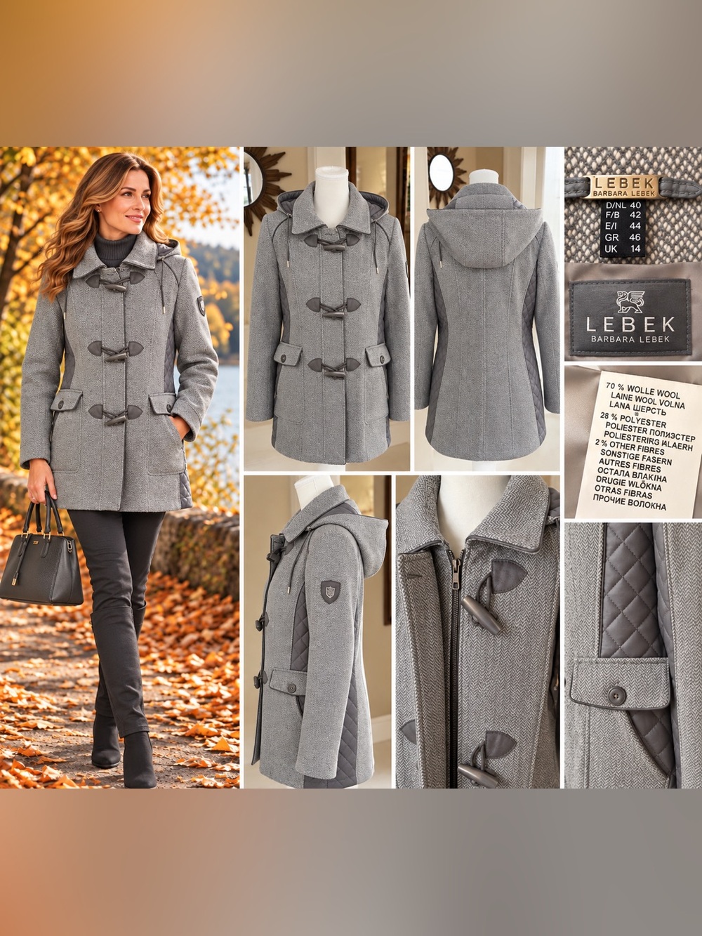 Wool Blend Hooded Toggle Coat Barbara Lebek Gray Size 12